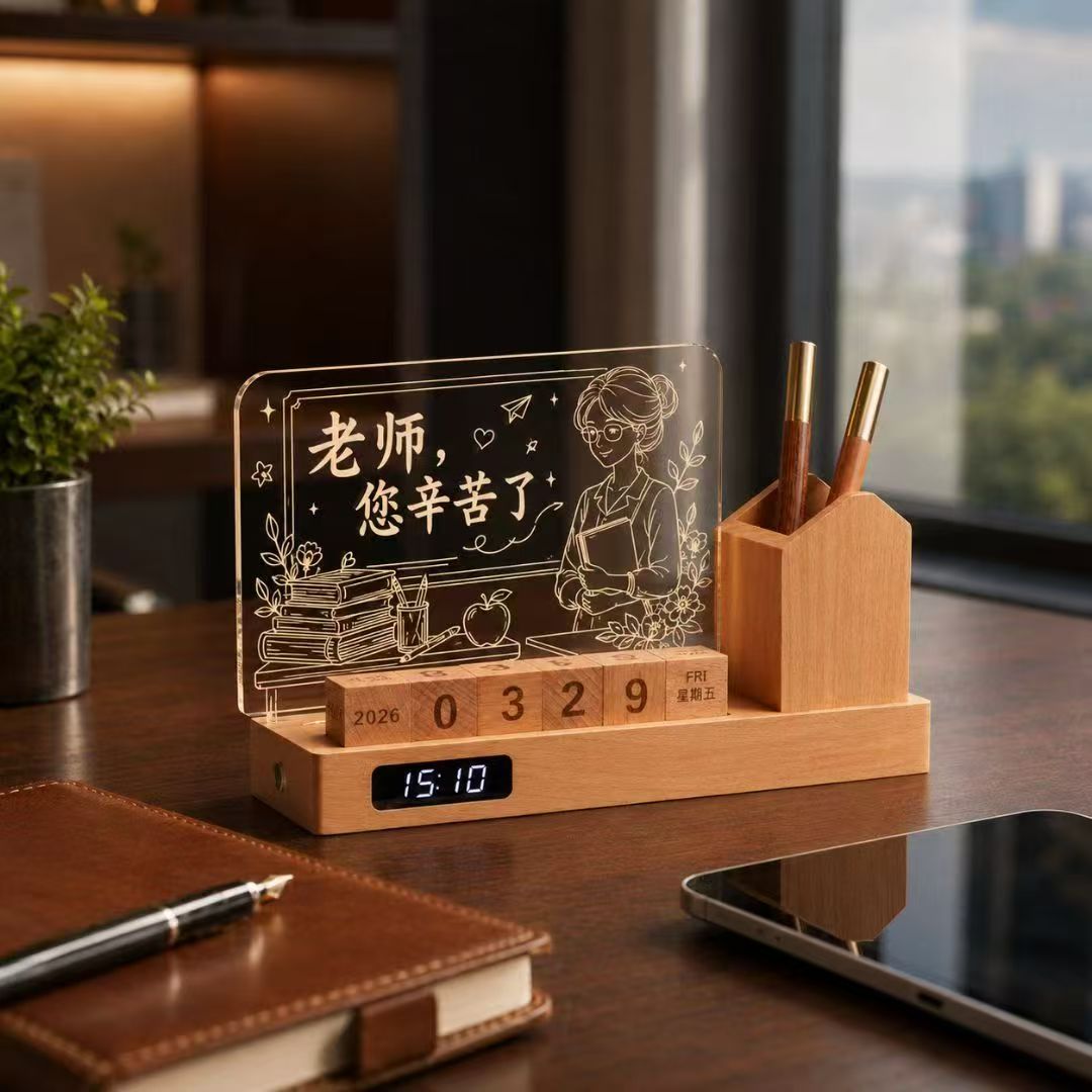师恩难忘亚克力发光小夜灯实木多功能教师节纪念摆件